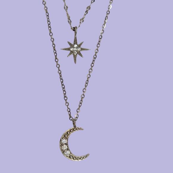 Delicate Sterling Silver 925 Layered Choker Chain Necklace CZ Star Moon Pendant - Picture 1 of 14